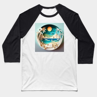 3D Effect Papercut Art - Beach Scene Baseball T-Shirt